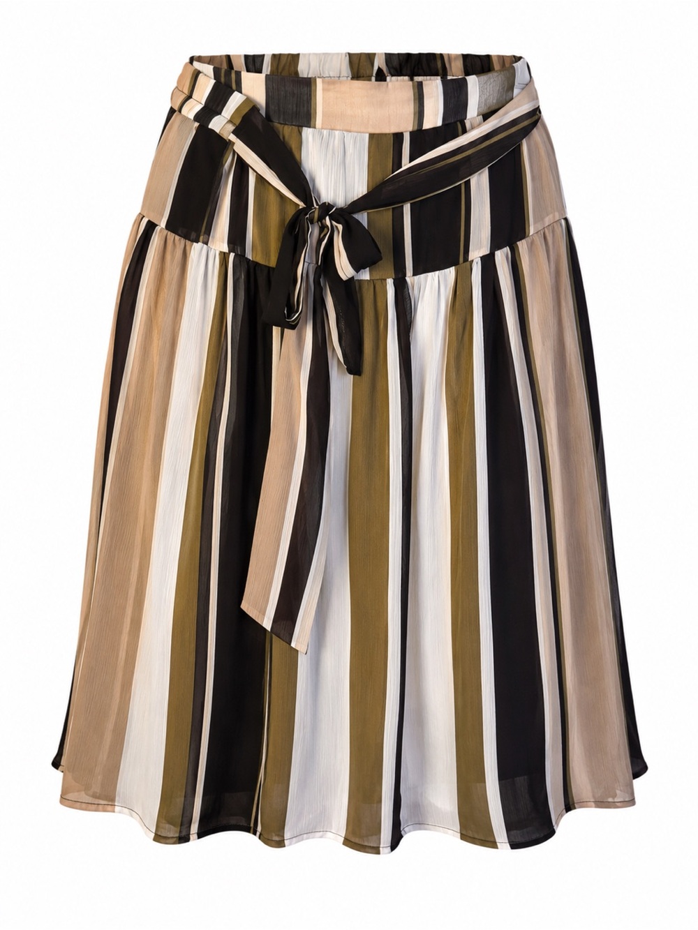 Cato Striped Tie-Waist A-Line Midi Skirt in Black, Cream & Olive